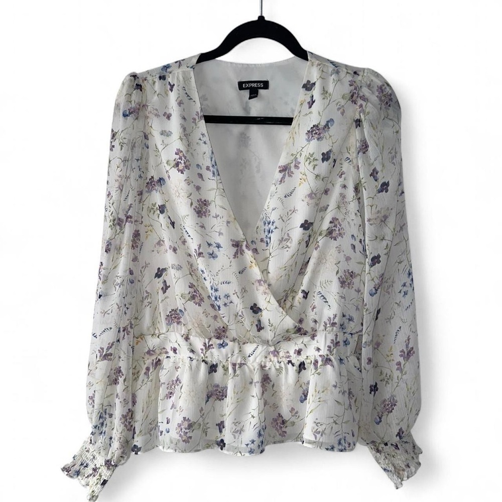 Express Women's Floral Blouse - Cream and Purple/Blue